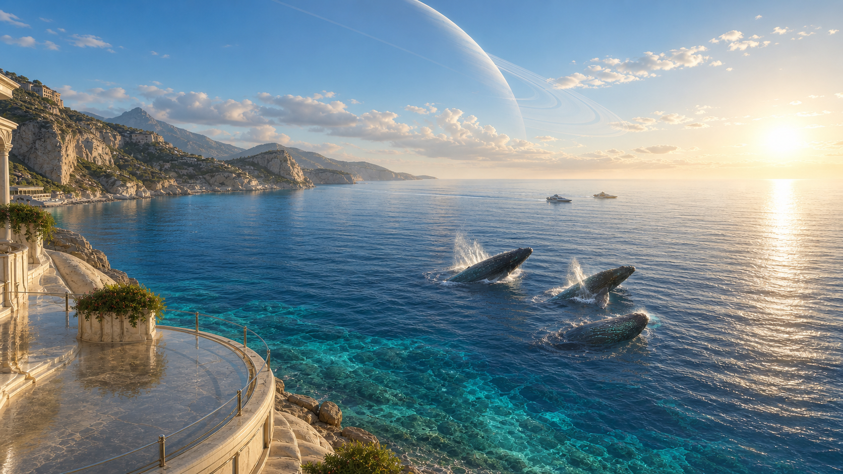 Three whales crossing a luminous ocean beneath an immense ringed planet